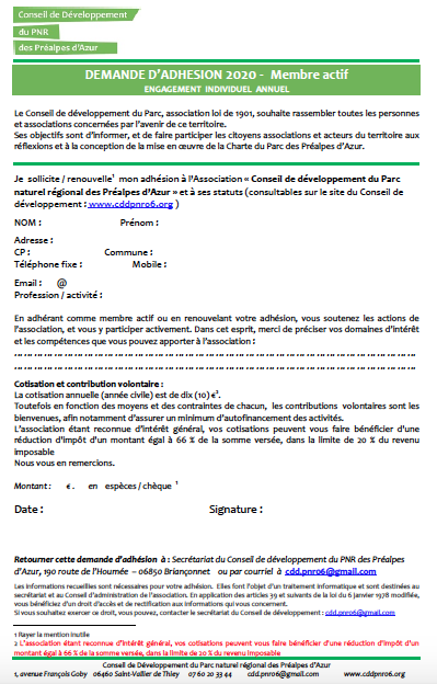 Bulletin adhesion membre actif 2020 CdD