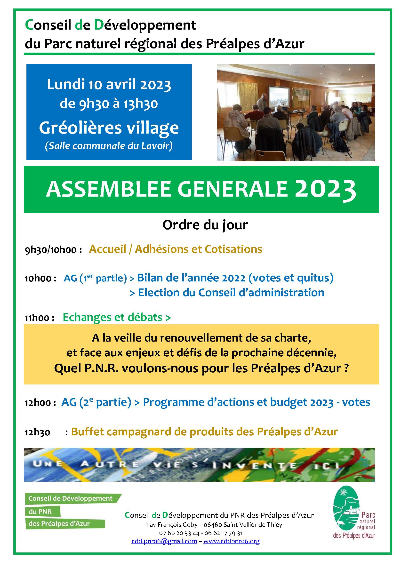 Assemblée Générale 2023 du Conseil de Développement, le 10 avril à la salle du lavoir (Gréolières)